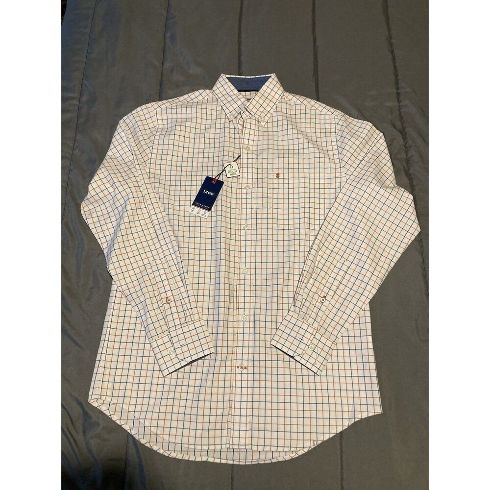 NWT IZOD Button Down Shirt Men Small White With Blue/Orange Stripe Long Sleeves
